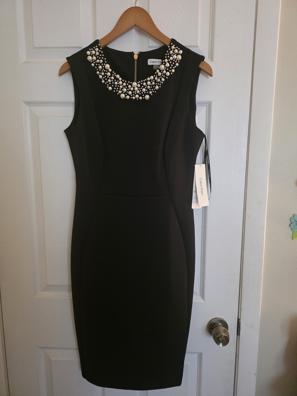 Calvin Klein Black Sheath Dress with Pearled Neckline